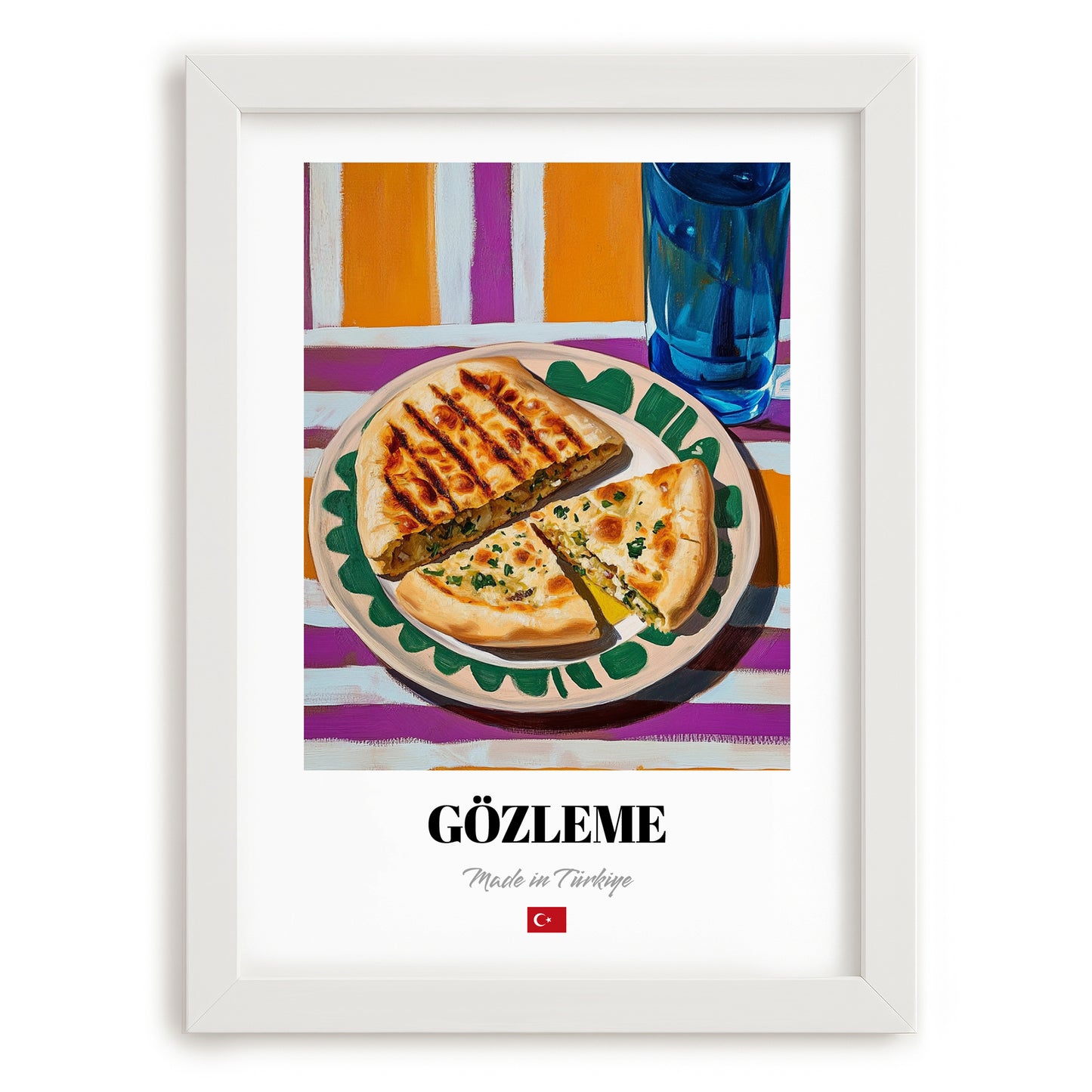 Gözleme – Oil Painting, Turkish Pastry Still Life, placed in minimal white frame