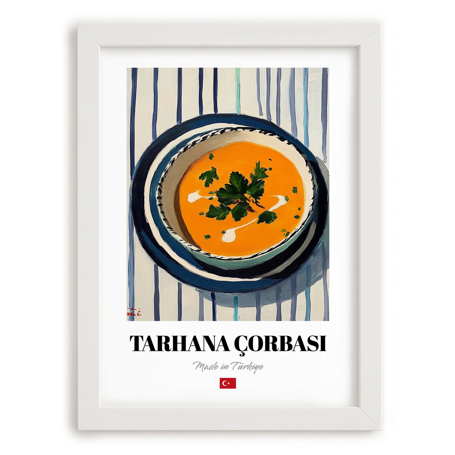 Tarhana Çorbası – on Striped Tablecloth, Turkish Food Still Life, placed in minimal white frame