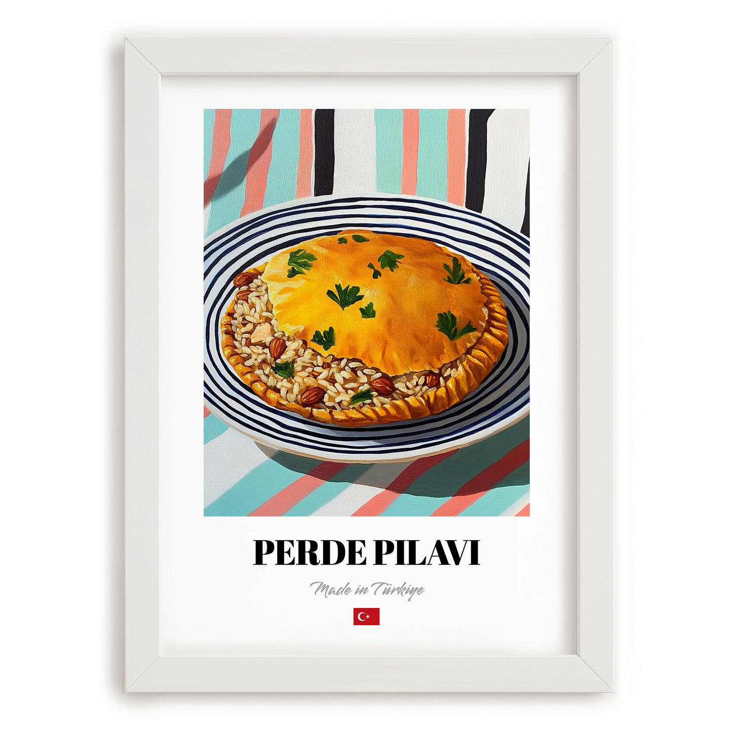 Perde Pilavı – on Striped Tablecloth, Turkish Food Illustration, placed in minimal white frame