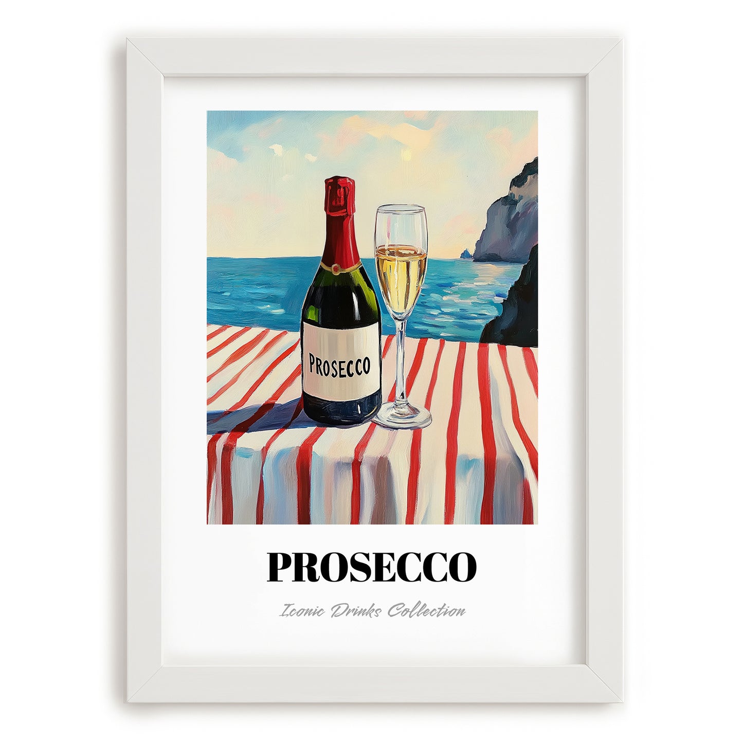 Prosecco – Italian Seaside Café Scene, Italian Wine Still Life, placed in minimal white frame