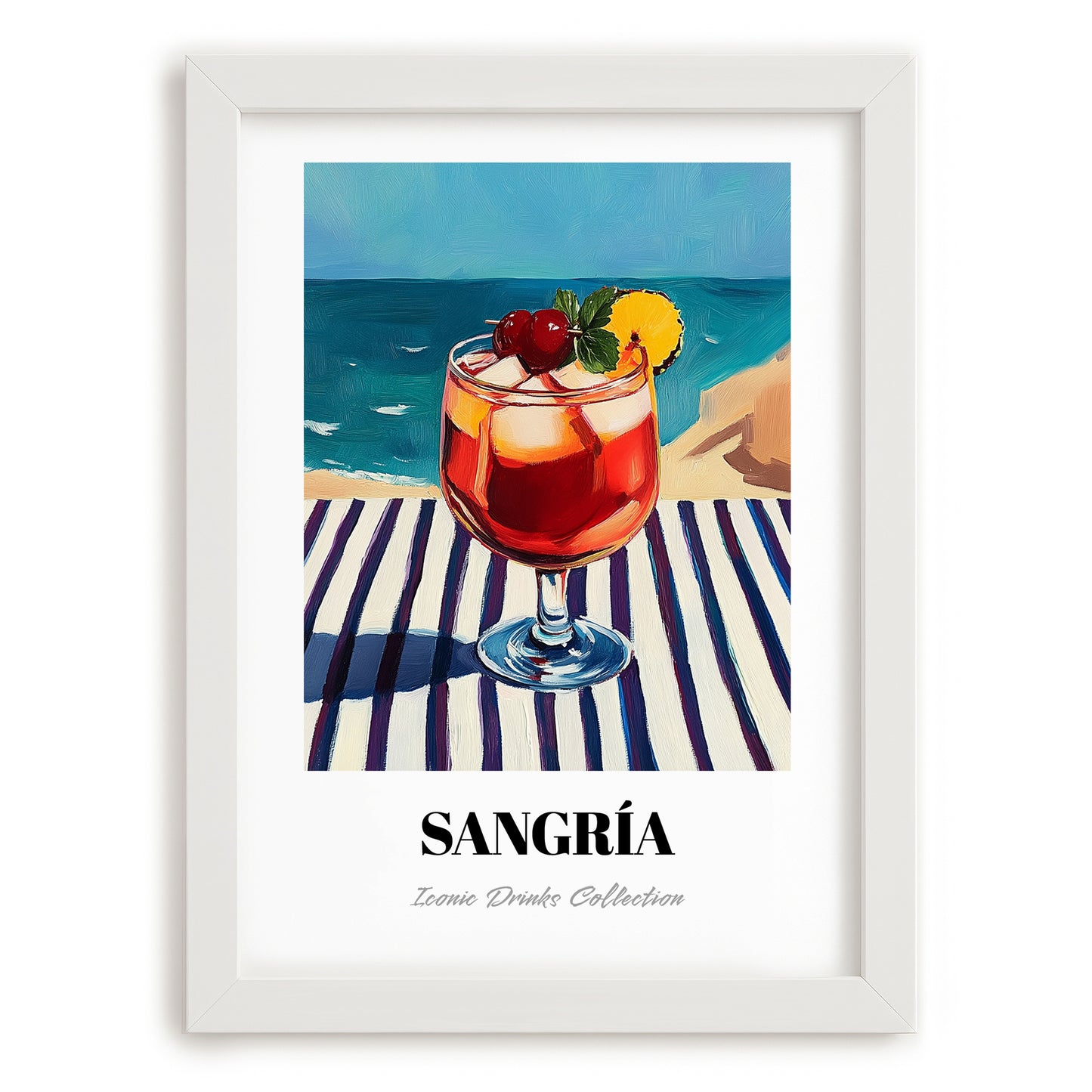 Sangría – Spanish Coastal Café Moment, Spanish Cocktail Art, placed in minimal white frame