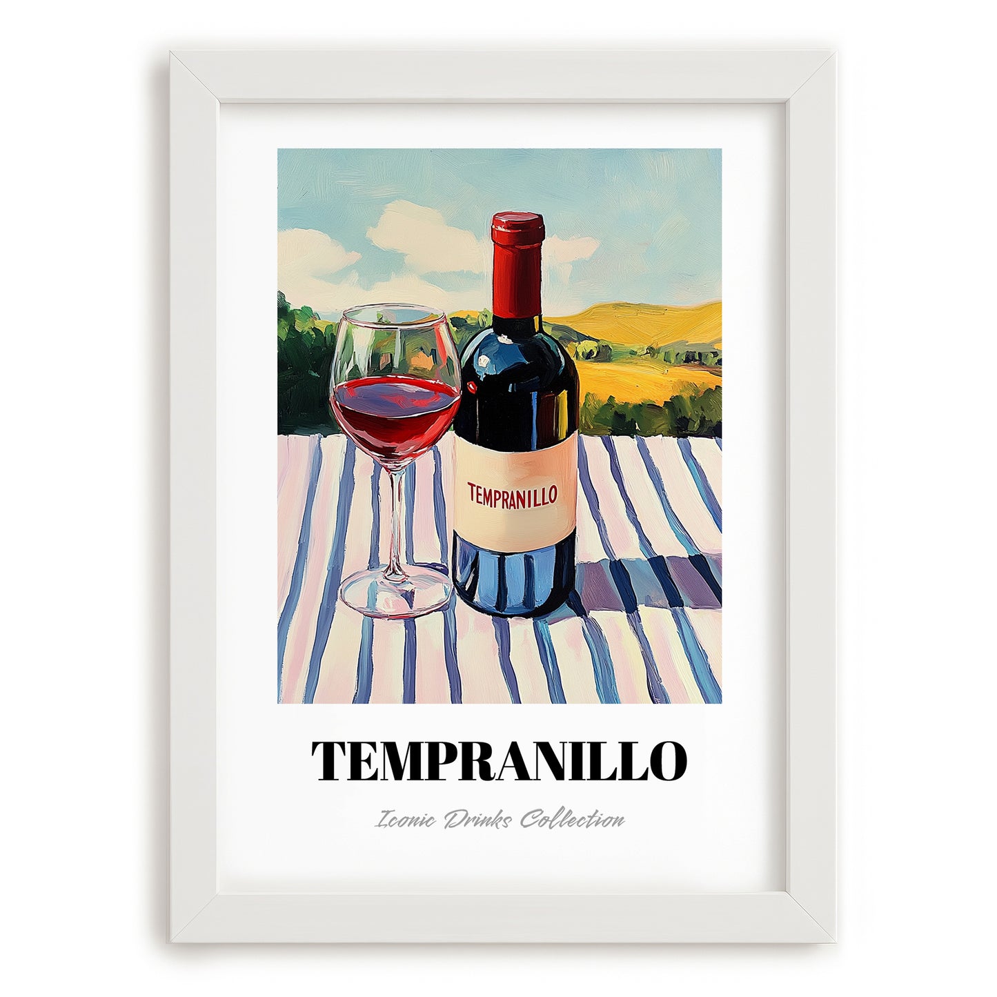 Tempranillo – Spanish Hillside Café View, Spanish Wine Wall Decor, placed in minimal white frame
