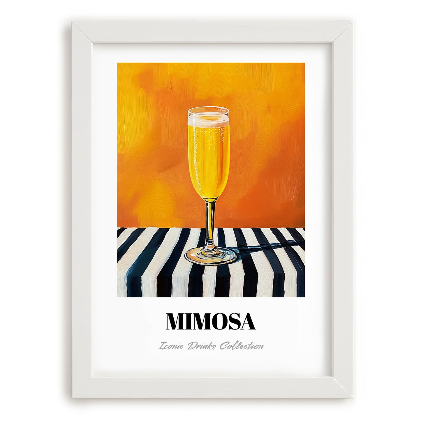 Mimosa – on Striped Tablecloth, French Cocktail Print, placed in minimal white frame