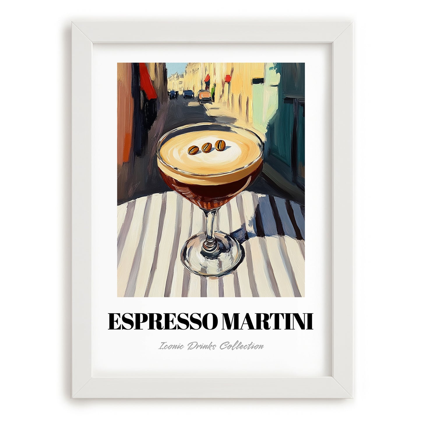 Espresso Martini – French Outdoor Café Scene, French Cocktail Still Life, placed in minimal white frame