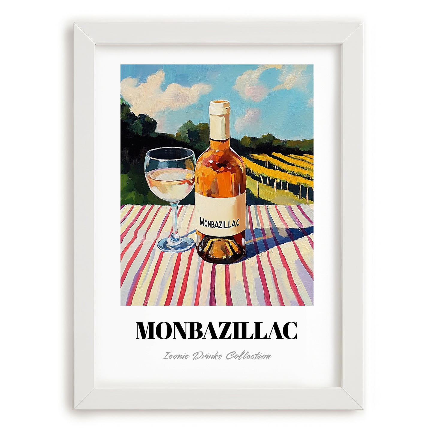 Monbazillac – French Hillside Café View, French Wine Illustration, placed in minimal white frame
