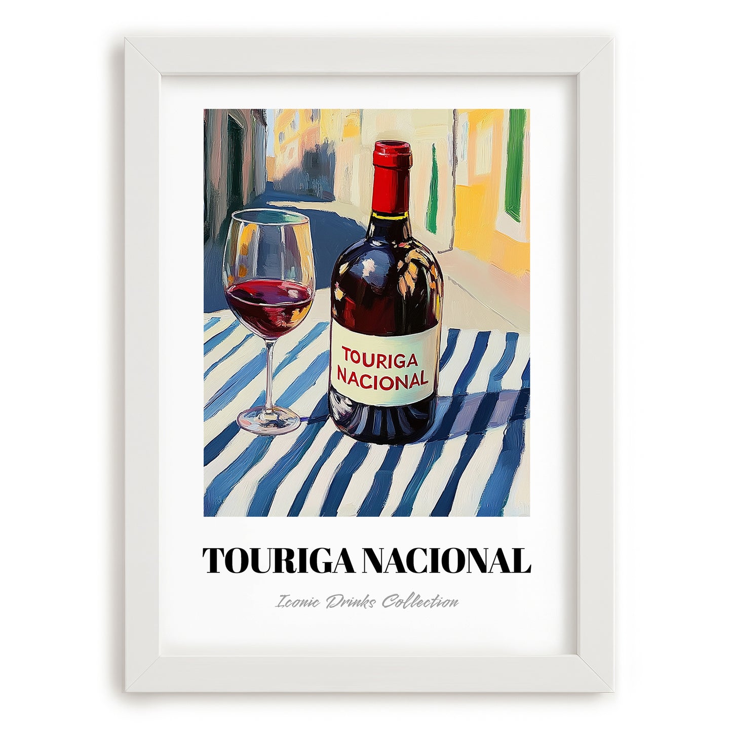 Touriga Nacional – Portuguese Street Café Scene, Portuguese Wine Wall Illustration, placed in minimal white frame