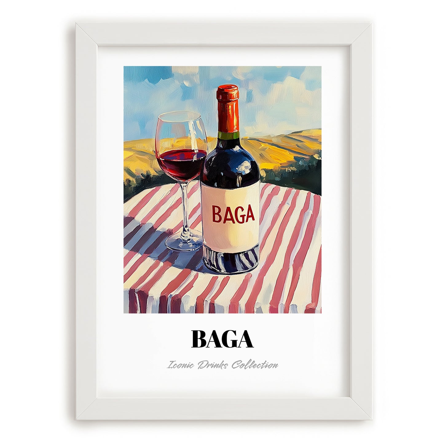 Baga – Portuguese Hilltop Café Scene, Portuguese Wine Illustration, placed in minimal white frame