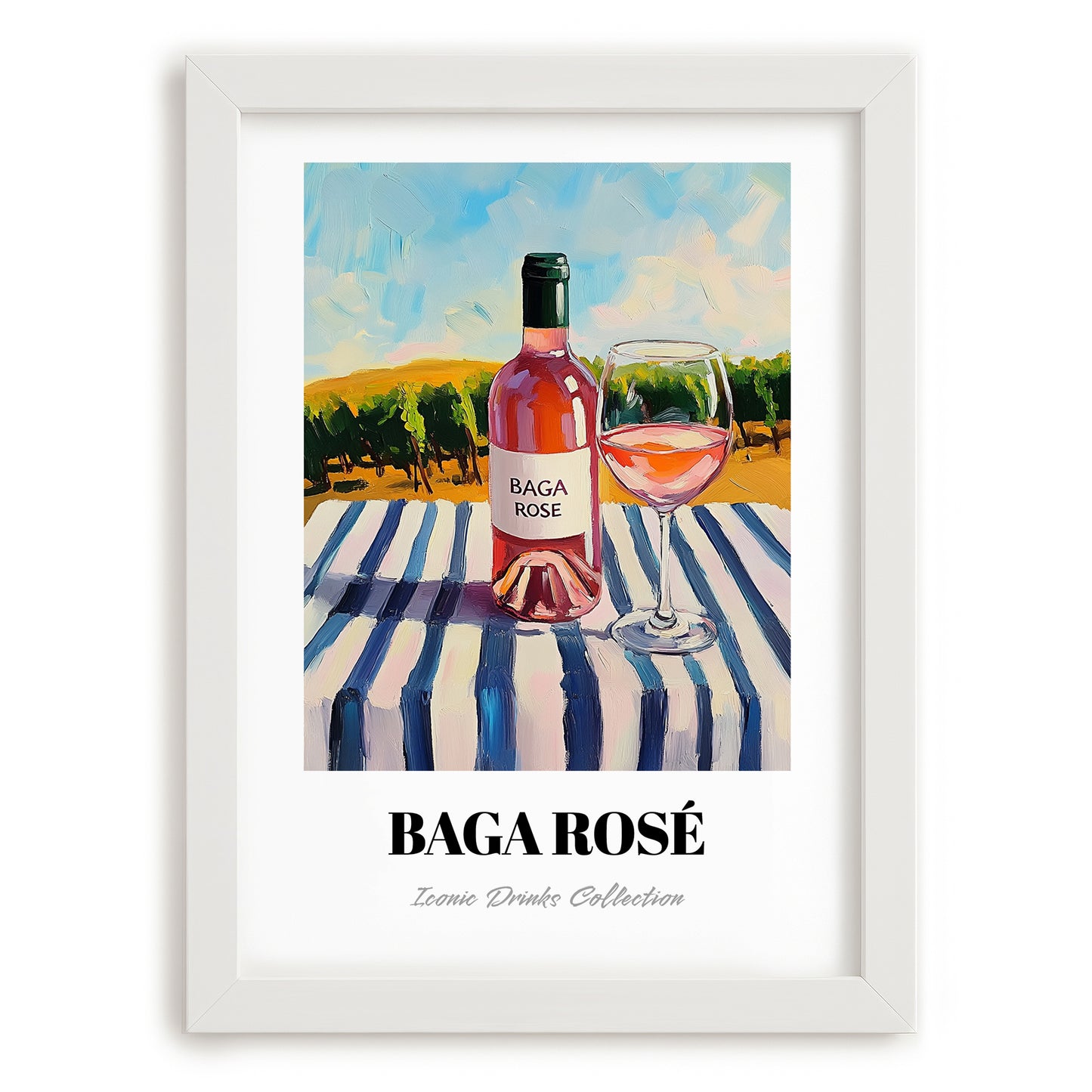 Baga Rosé – Portuguese Hilltop Café Scene, Portuguese Wine Wall Illustration, placed in minimal white frame