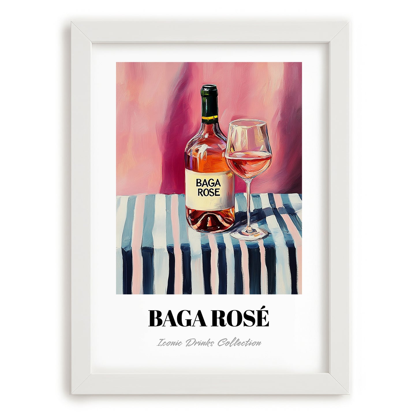 Baga Rosé – on Striped Tablecloth, Portuguese Wine Still Life, placed in minimal white frame