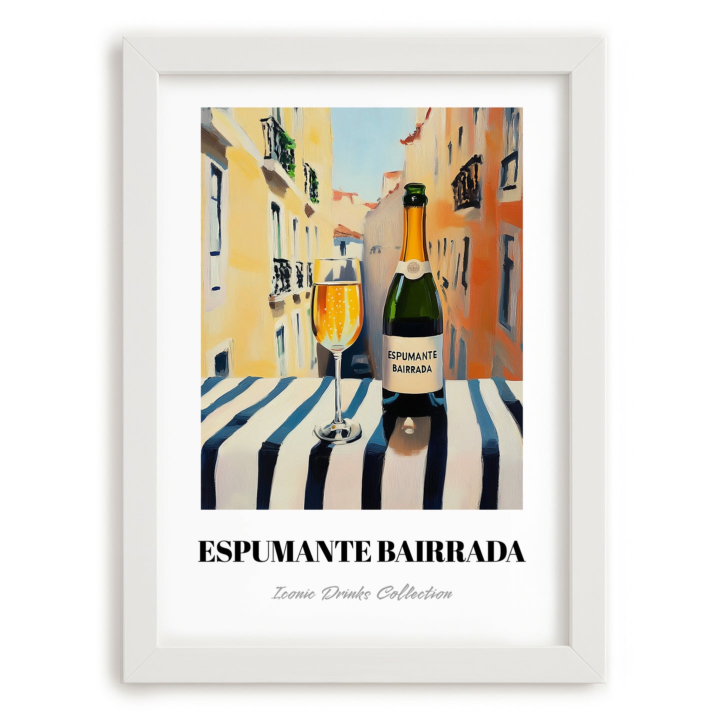 Espumante Bairrada – Portuguese Outdoor Café Scene, Portuguese Sparkling Wine Wall Poster, placed in minimal white frame