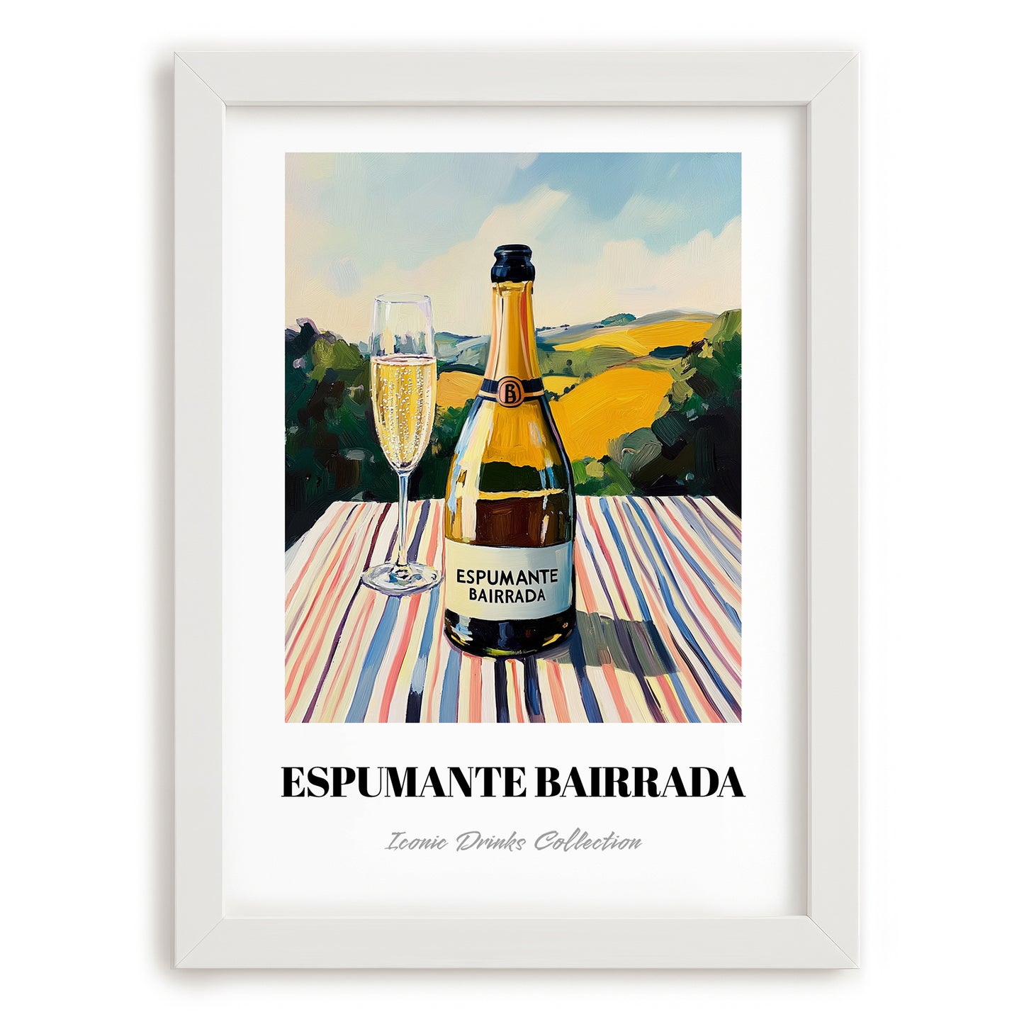 Espumante Bairrada – Portuguese Hilltop Table Scene, Portuguese Sparkling Wine Illustration, placed in minimal white frame