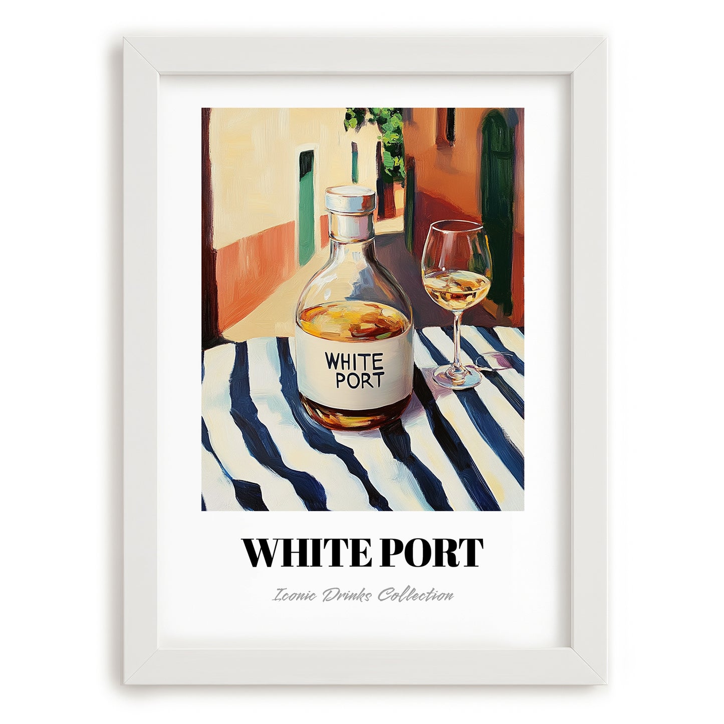 White Port – Portuguese Urban Café Scene, Portuguese Dessert Wine Wall Decor, placed in minimal white frame