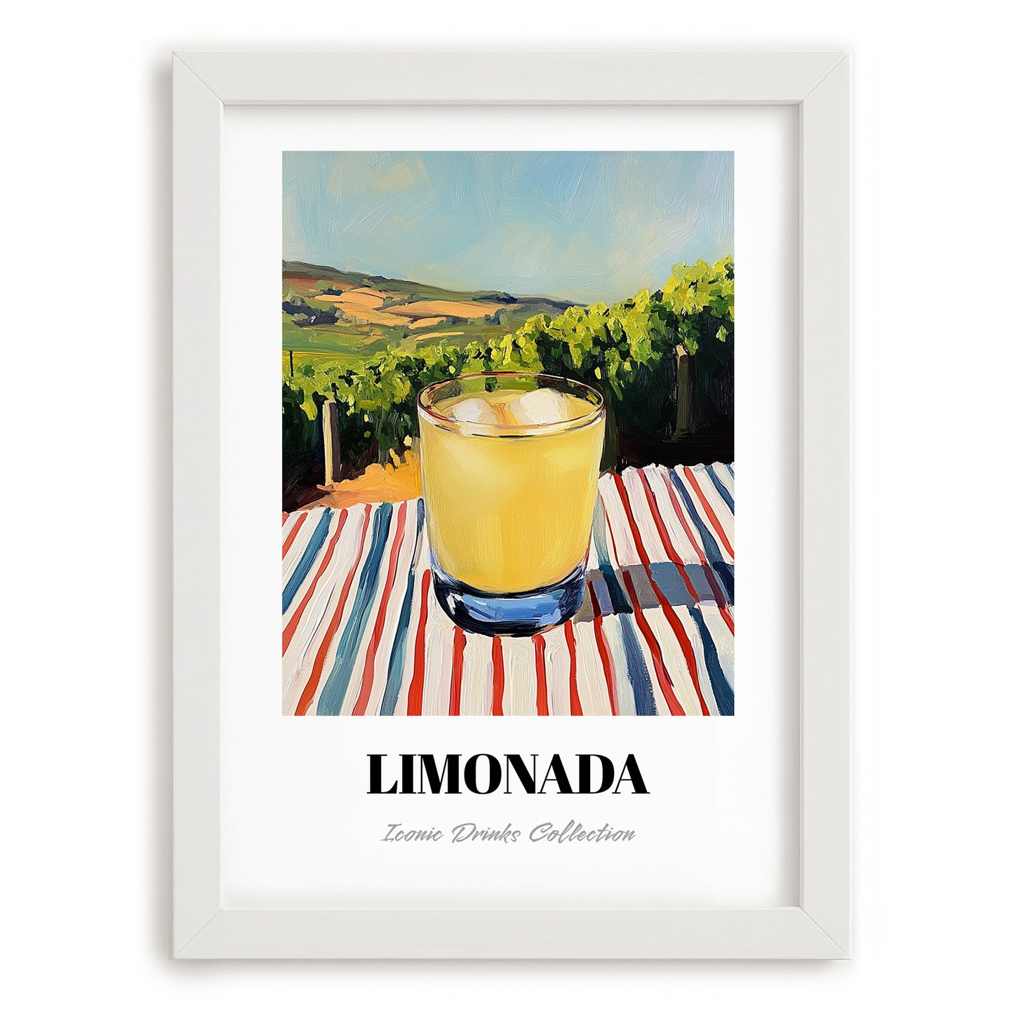 Limonada – Portuguese Hillside Café View, Portuguese Lemonade Painting, placed in minimal white frame