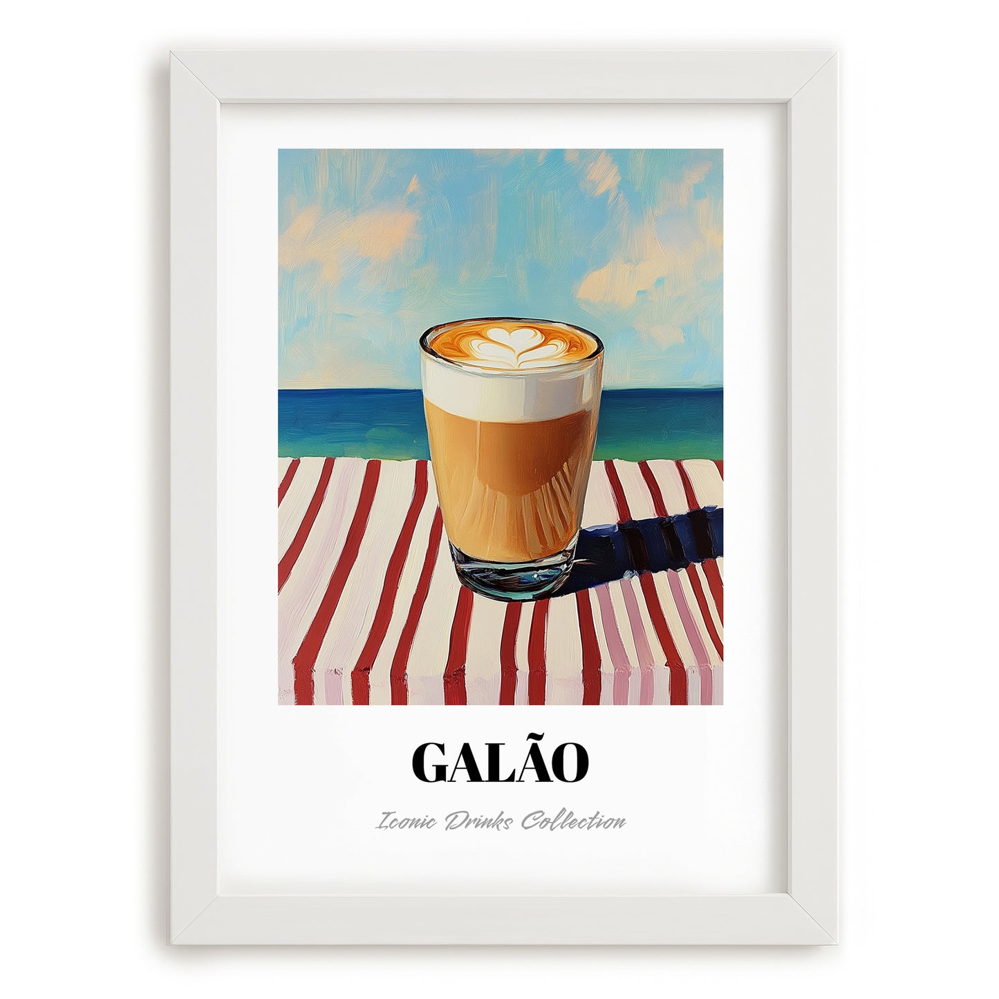 Galão – Portuguese Coastal Café Moment, Portuguese Coffee Painting, placed in minimal white frame