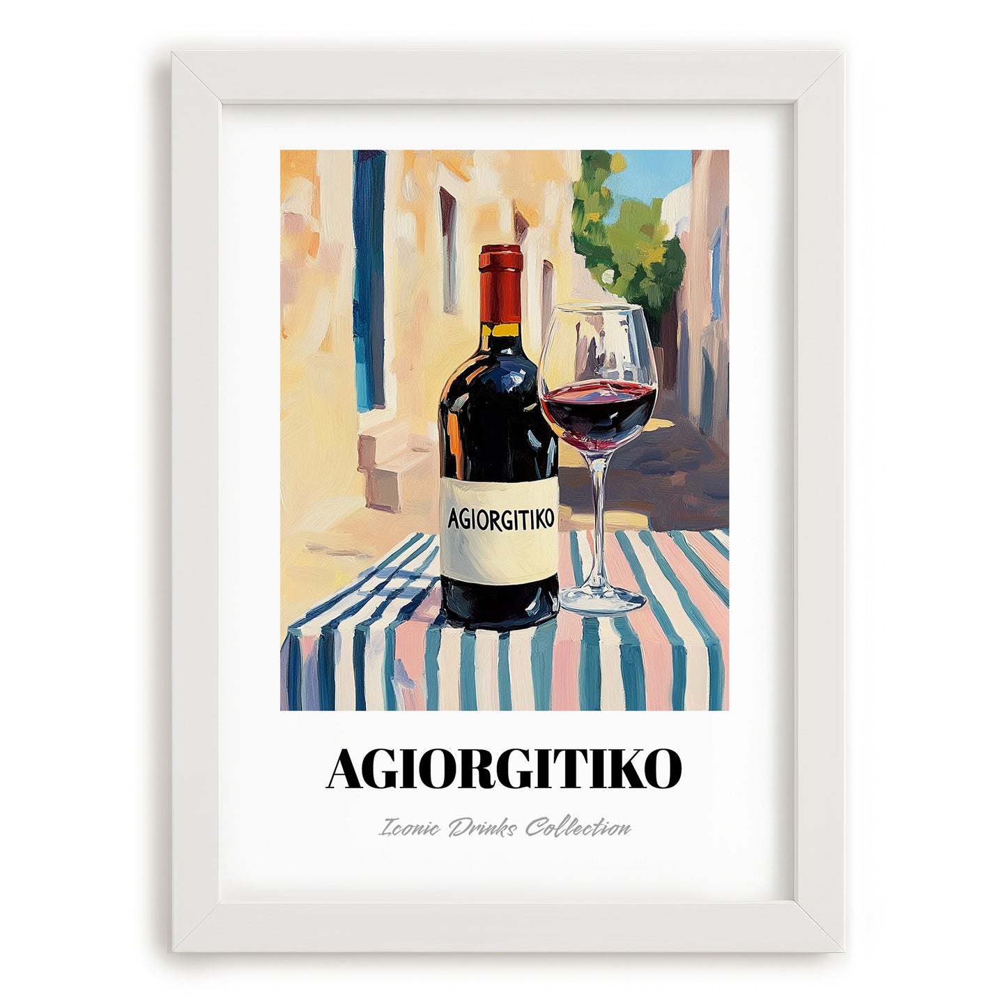 Agiorgitiko – Greek Café on the Corner, Greek Wine Wall Decor, placed in minimal white frame