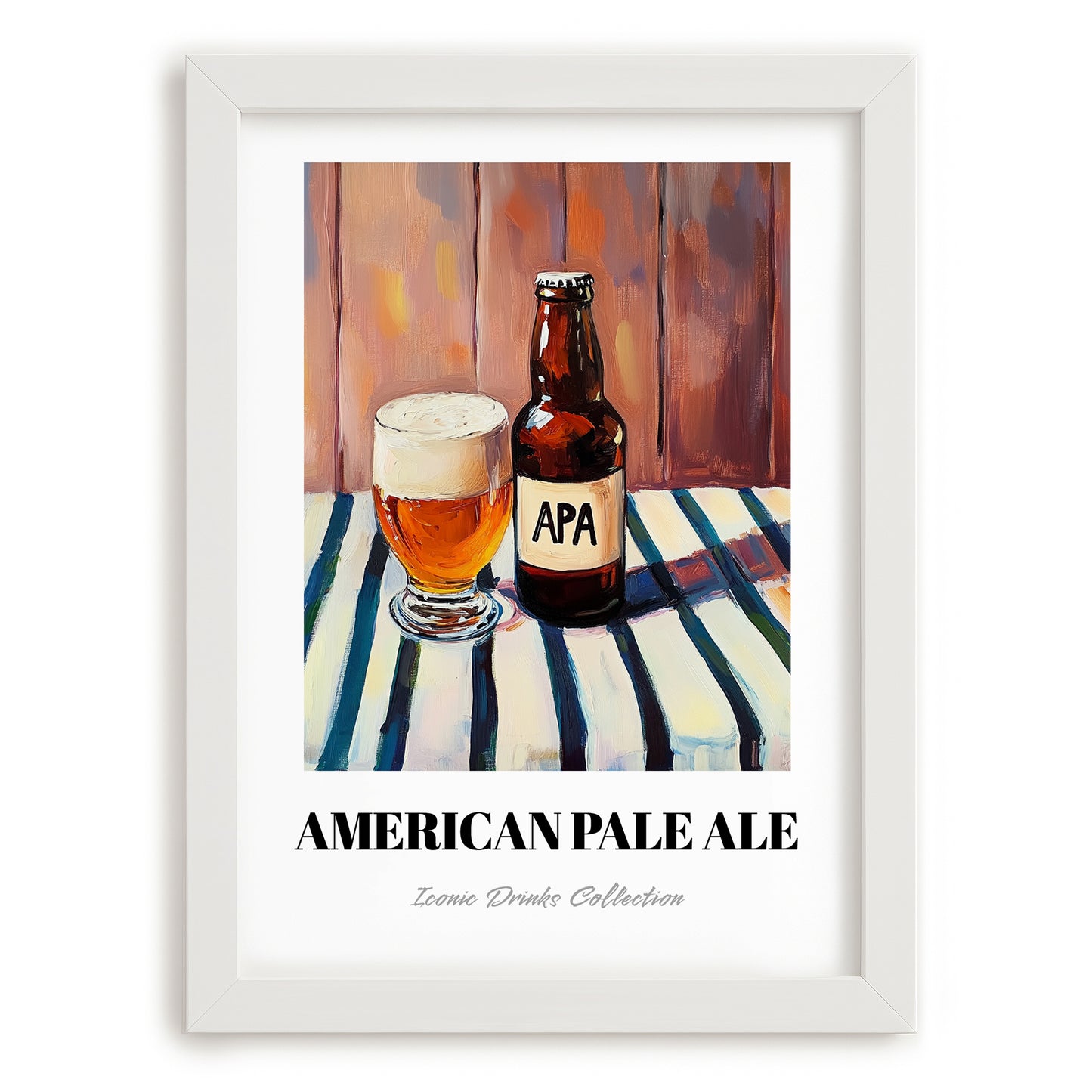 American Pale Ale (APA) – on Striped Tablecloth, American Beer Illustration, placed in minimal white frame