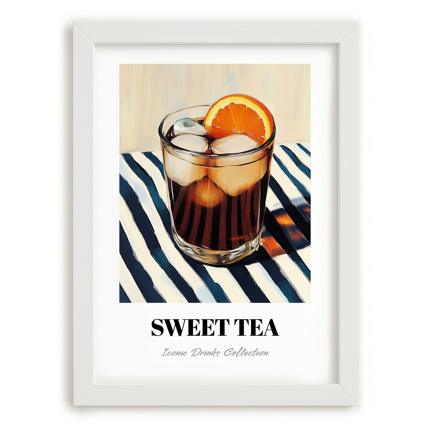 Sweet Tea – on Striped Tablecloth, American Beverage Painting, placed in minimal white frame