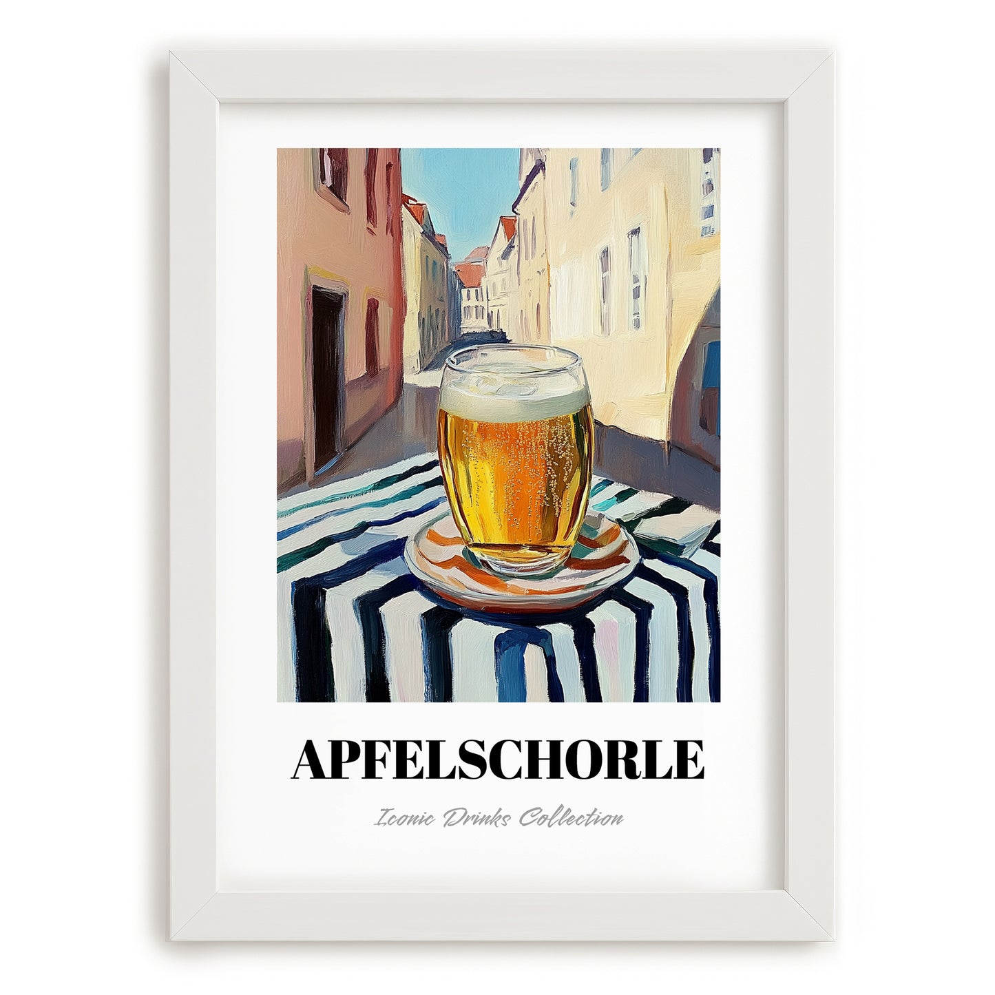 Apfelschorle – German Urban Café Scene, German Beverage Wall Art, placed in minimal white frame