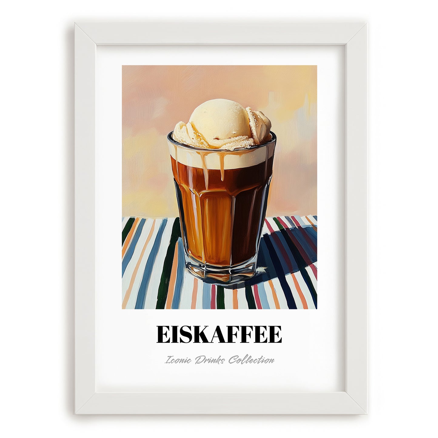 Eiskaffee – on Striped Tablecloth, German Coffee Wall Decor, placed in minimal white frame