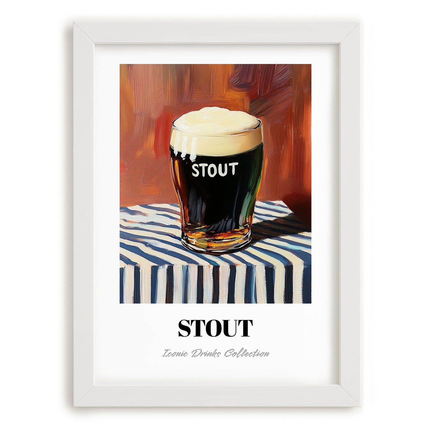 Stout – on Striped Tablecloth, English Beer Painting, placed in minimal white frame