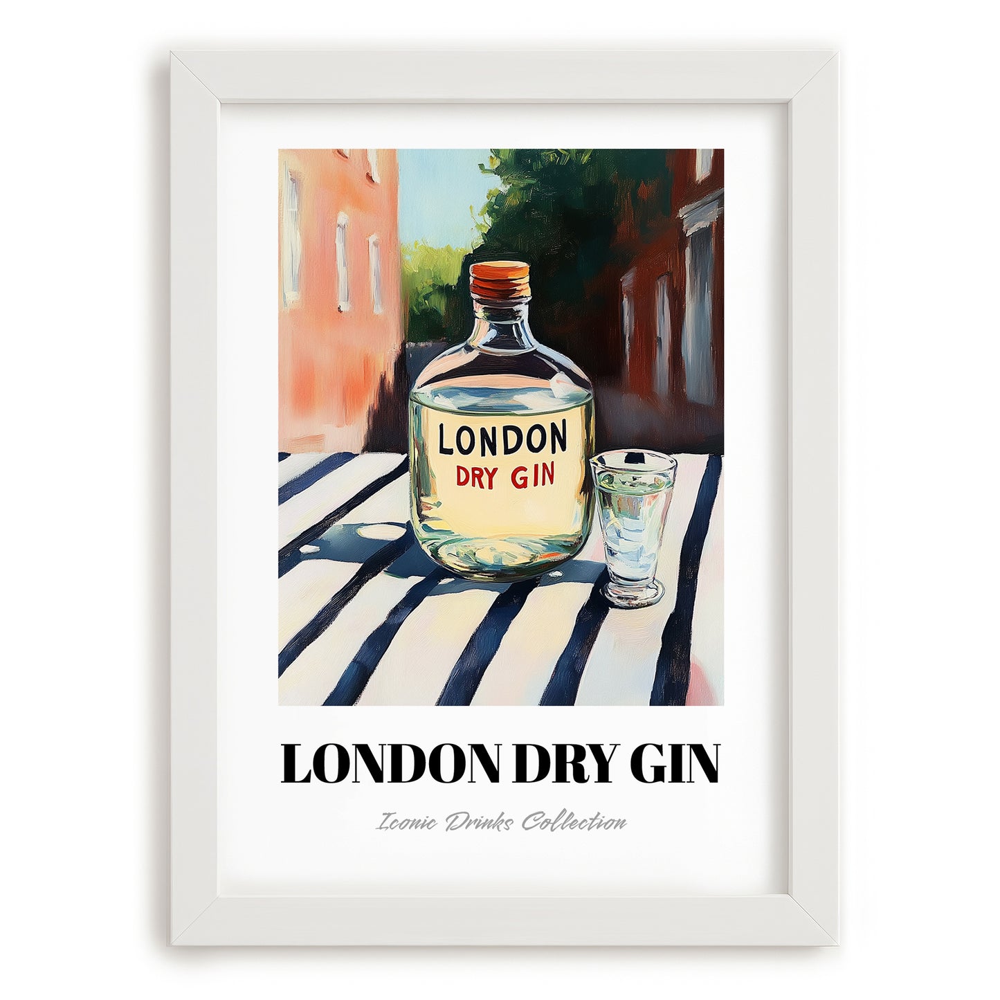 London Dry Gin – English Outdoor Café Scene, English Spirit Wall Poster, placed in minimal white frame