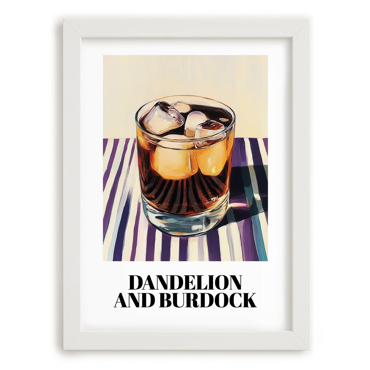 Dandelion And Burdock – on Striped Tablecloth, English Beverage Wall Print, placed in minimal white frame