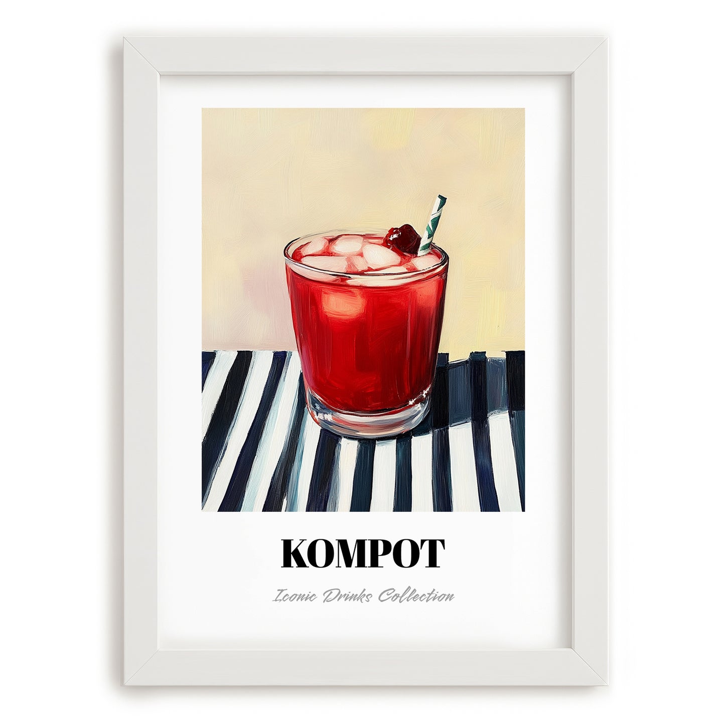 Kompot – on Striped Tablecloth, Polish Beverage Wall Decor, placed in minimal white frame