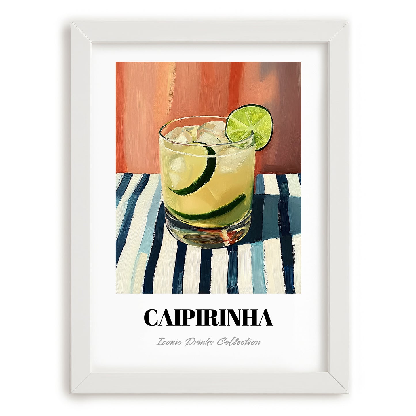 Caipirinha – on Striped Tablecloth, Brazilian Spirit Print, placed in minimal white frame