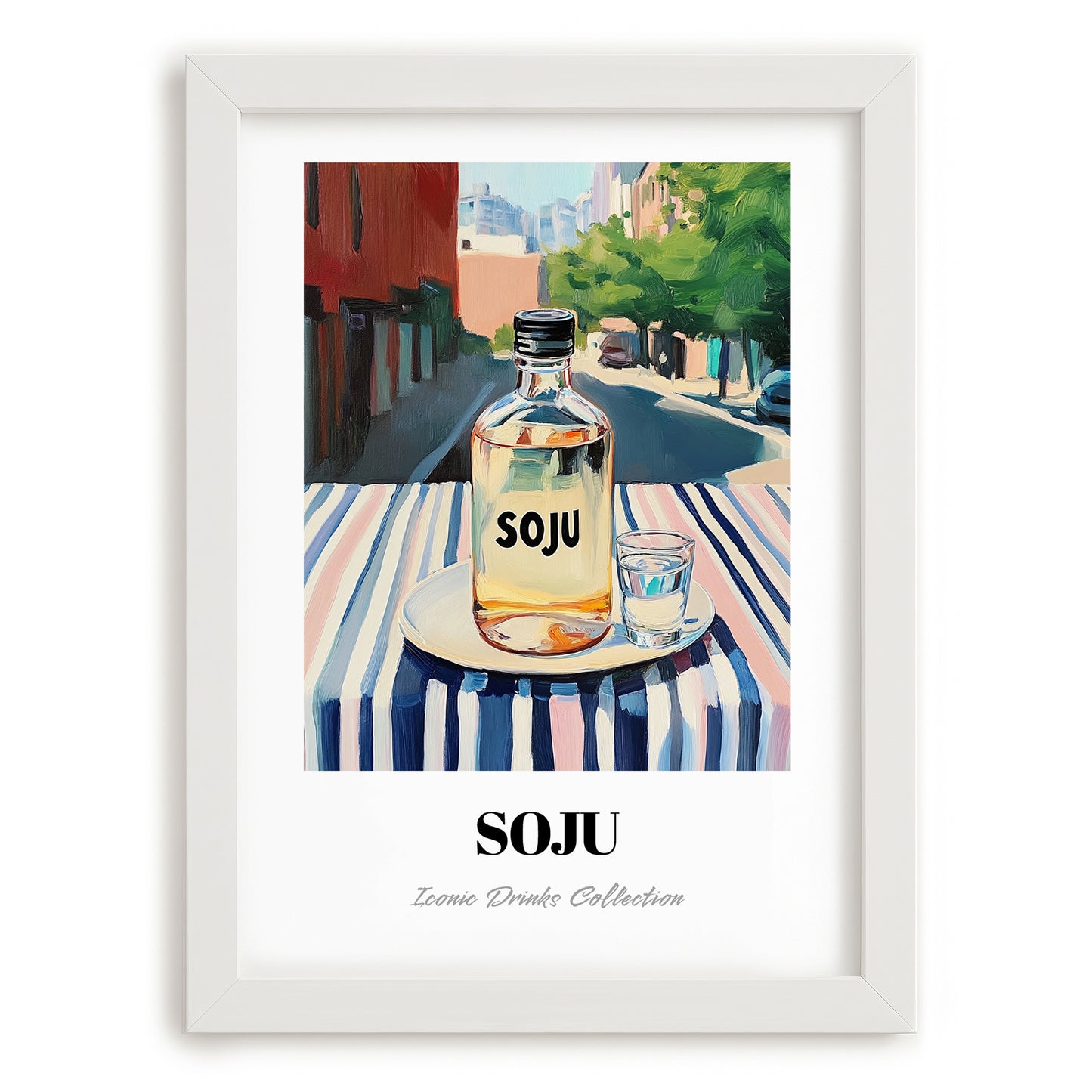 Soju – Korean Urban Café Scene, Korean Beverage Illustration, placed in minimal white frame