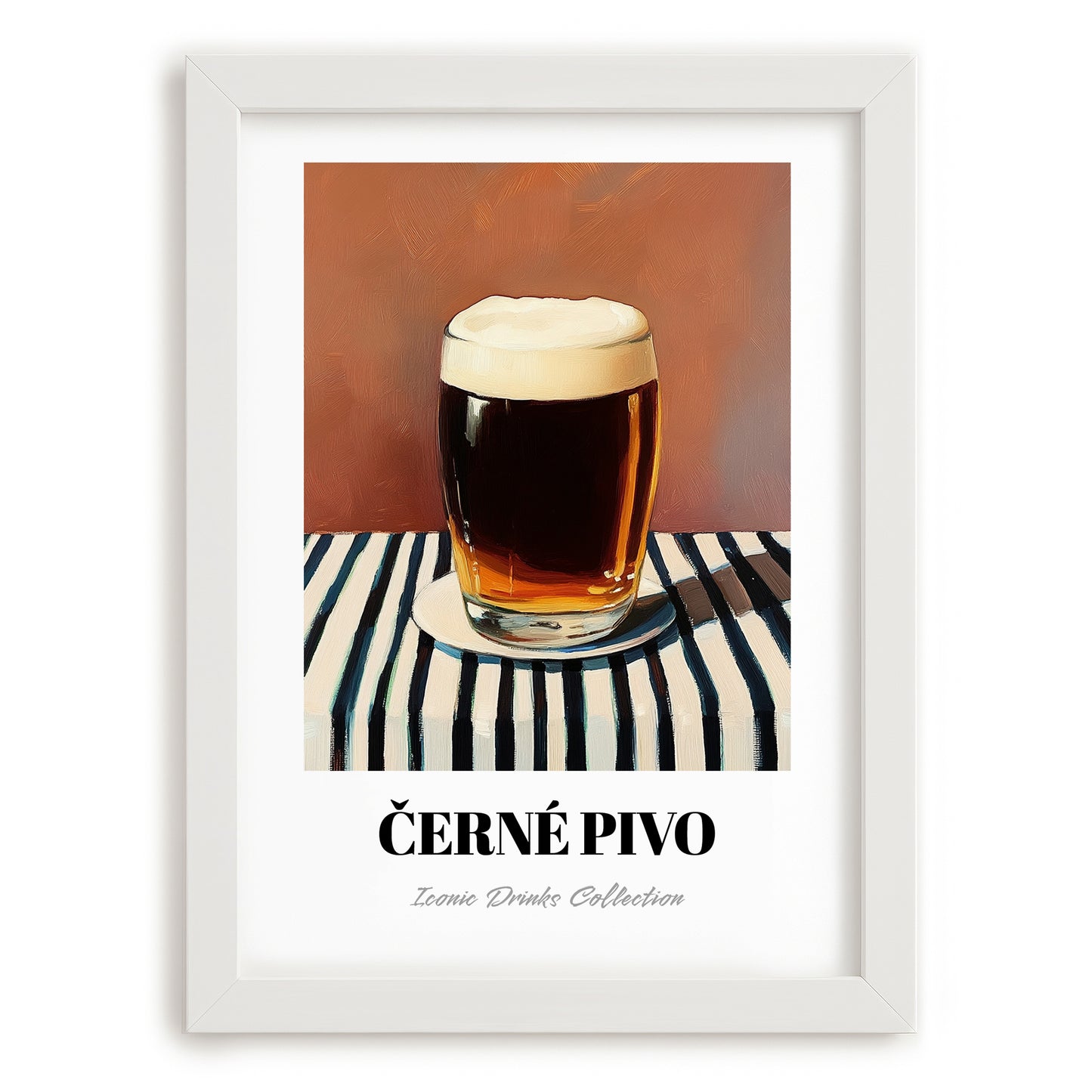 Černé Pivo – on Striped Tablecloth, Czech Beer Wall Art, placed in minimal white frame