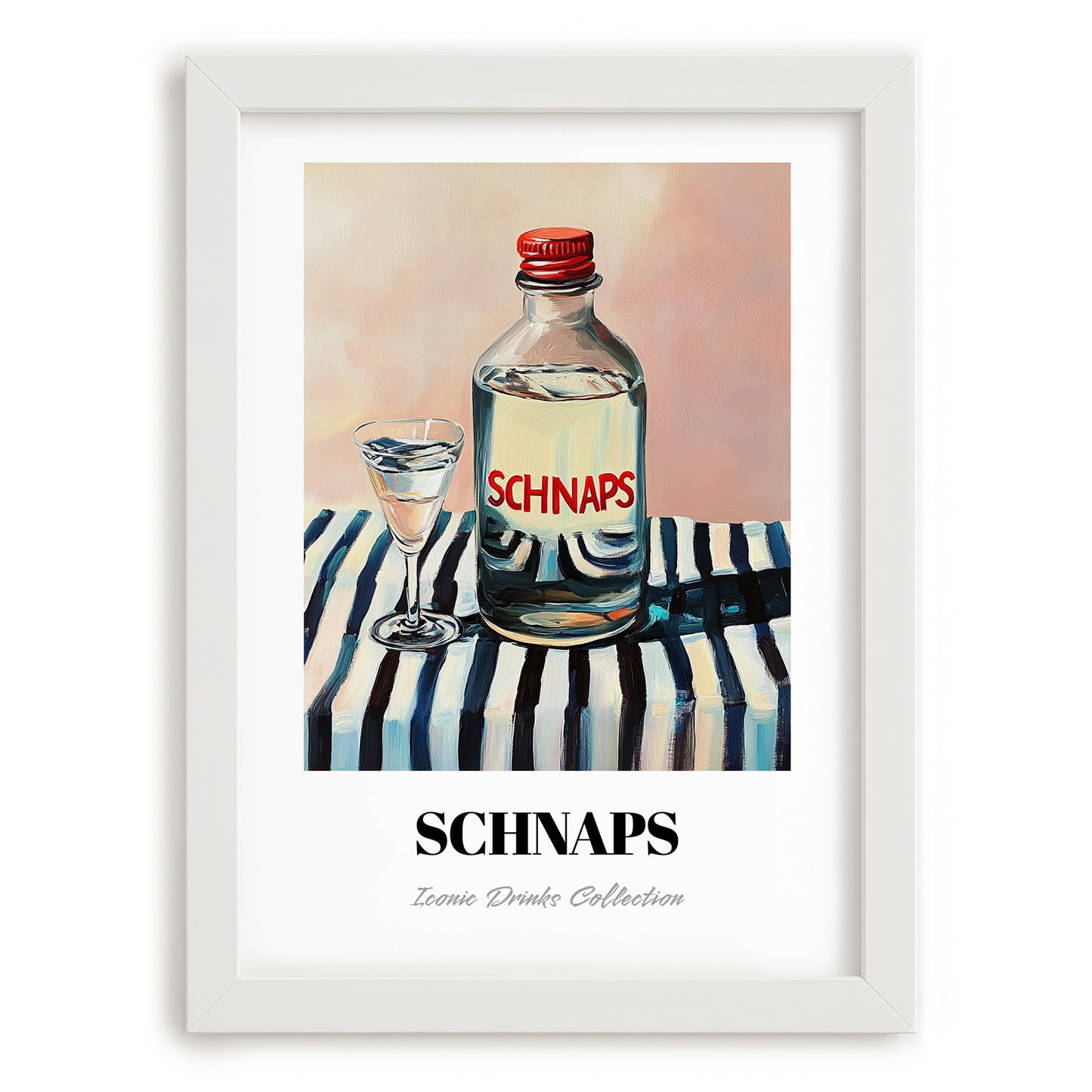 Schnaps – on Striped Tablecloth, Austrian Beer Still Life, placed in minimal white frame