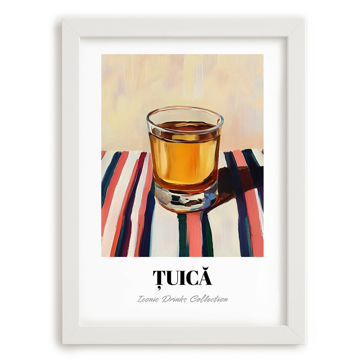 Țuică – on Striped Tablecloth, Romanian Beverage Poster, placed in minimal white frame