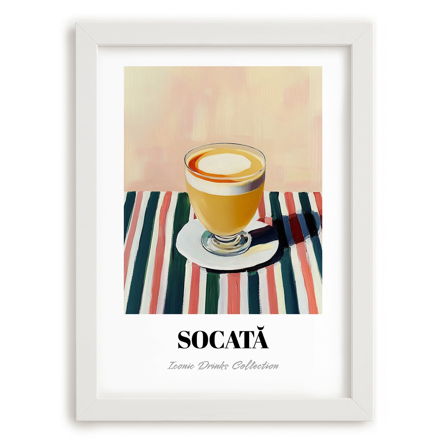 Socată – on Striped Tablecloth, Romanian Spirit Still Life, placed in minimal white frame