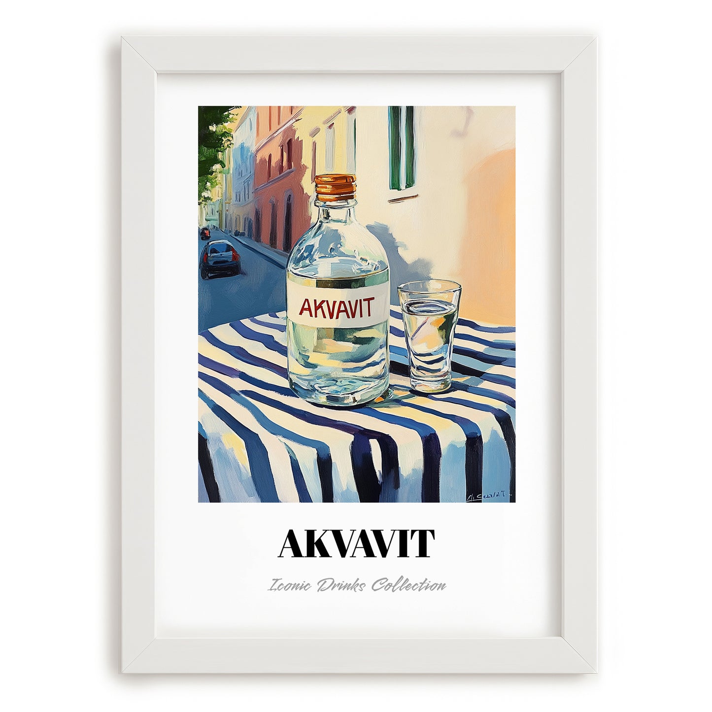 Akvavit – Danish Outdoor Café Scene, Danish Spirit Illustration, placed in minimal white frame