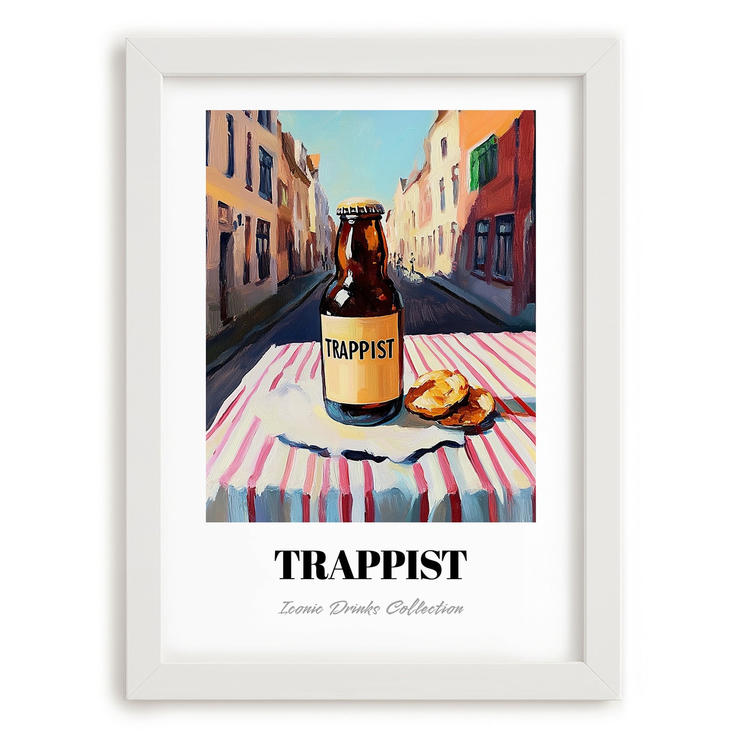 Trappist – Belgian Street Café Scene, Belgian Beer Poster, placed in minimal white frame