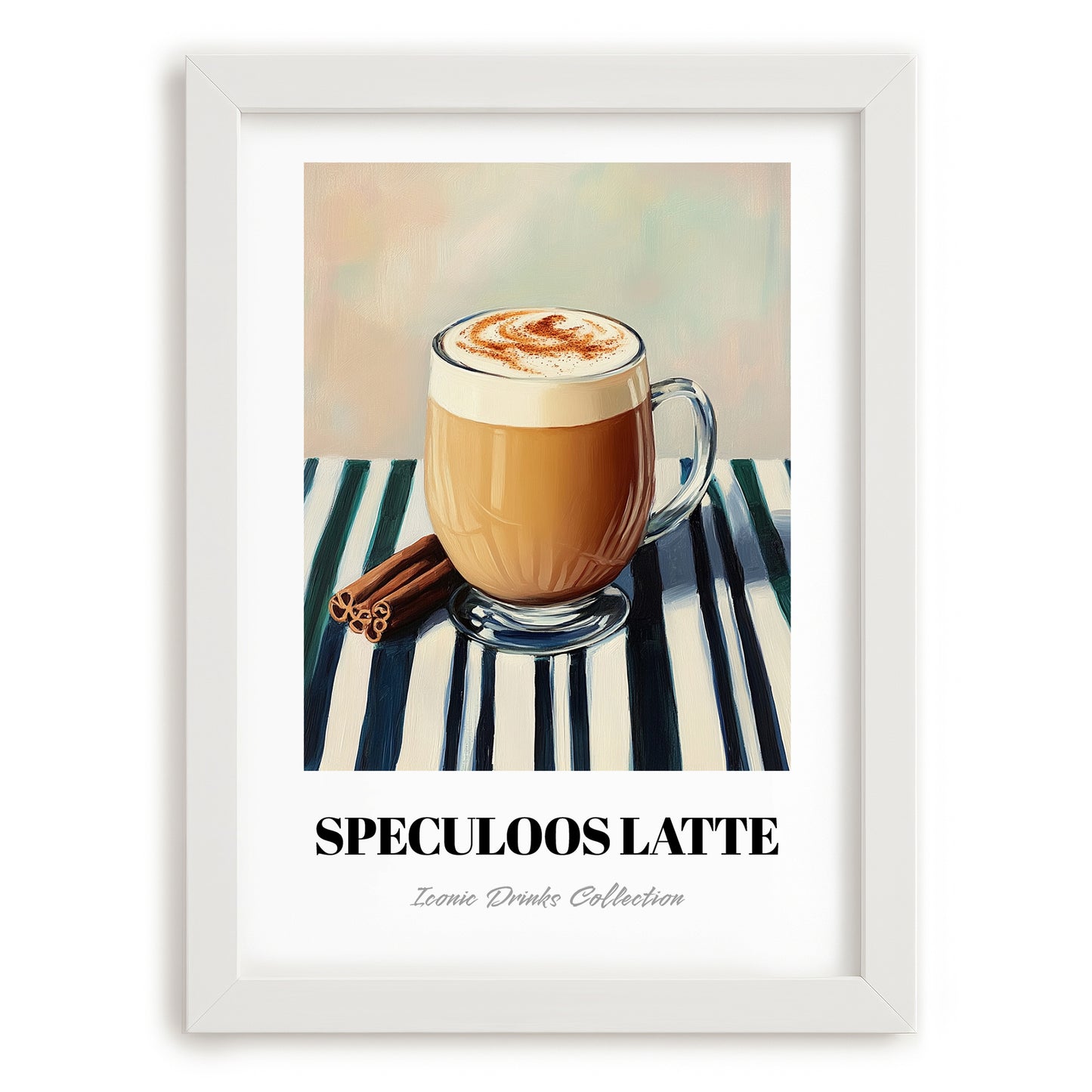 Speculoos Latte – on Striped Tablecloth, Belgian Beverage Still Life, placed in minimal white frame