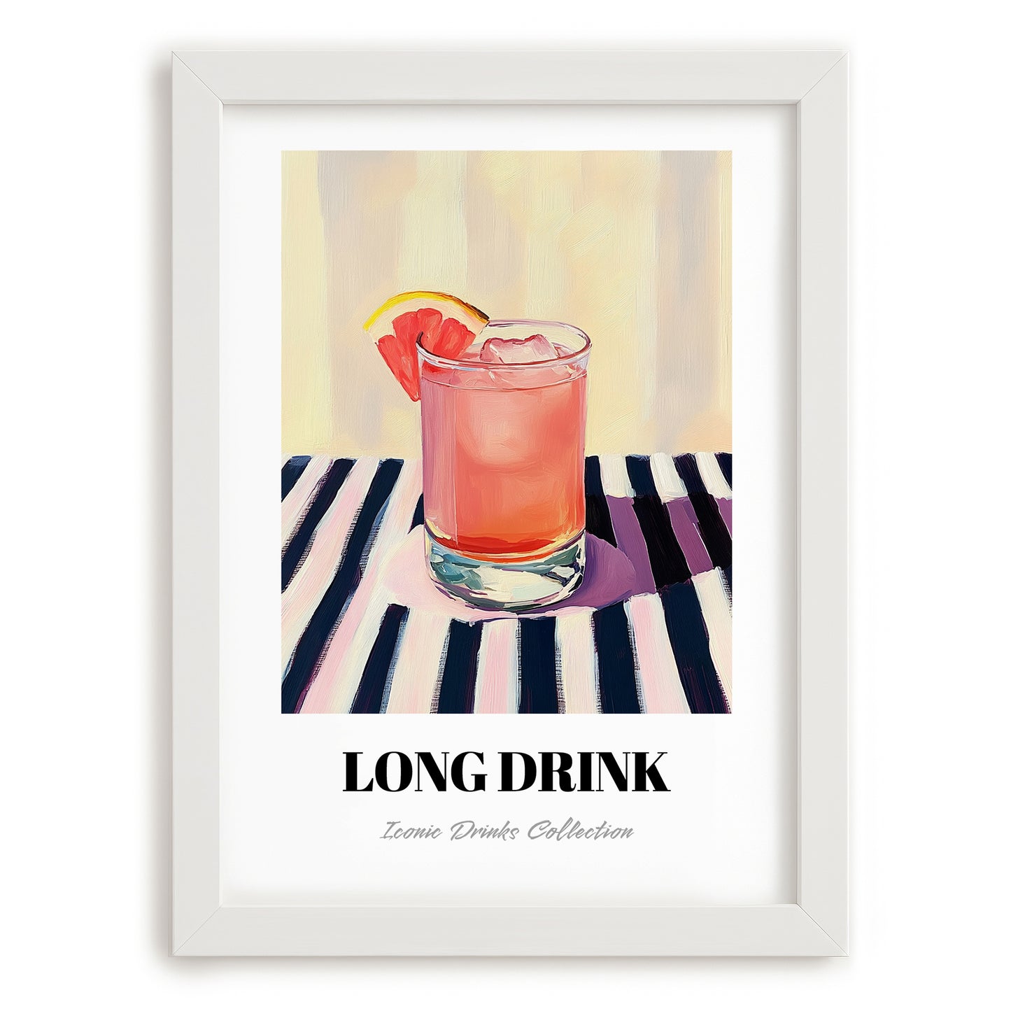 Long Drink – on Striped Tablecloth, Finnish Beverage Wall Decor, placed in minimal white frame