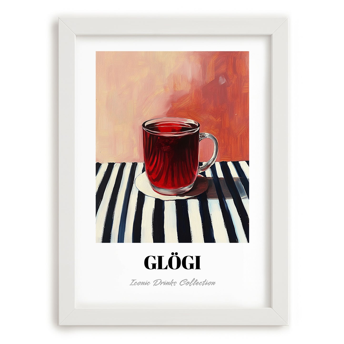 Glögi – on Striped Tablecloth, Finnish Beverage Art, placed in minimal white frame