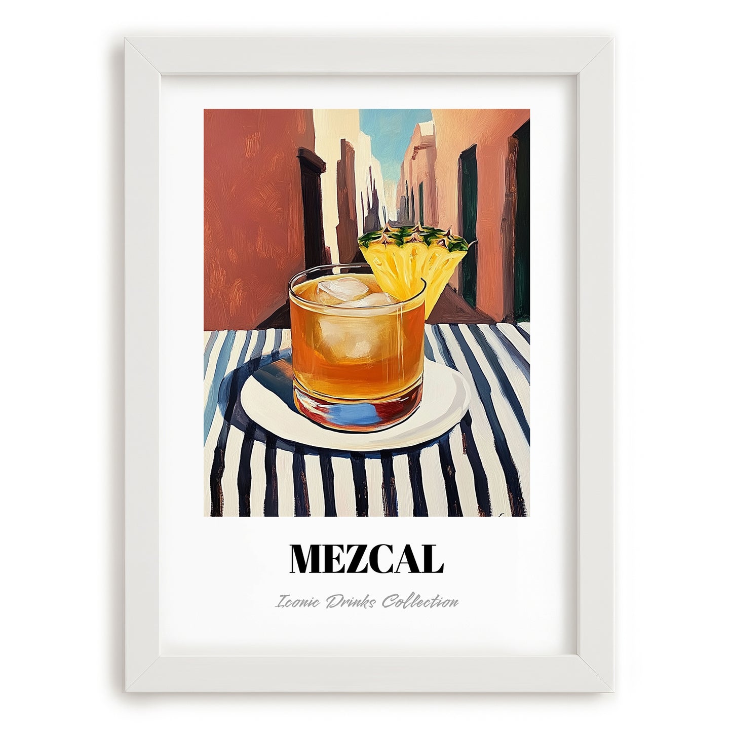 Mezcal – Mexican Café on the Corner, Mexican Cocktail Illustration, placed in minimal white frame