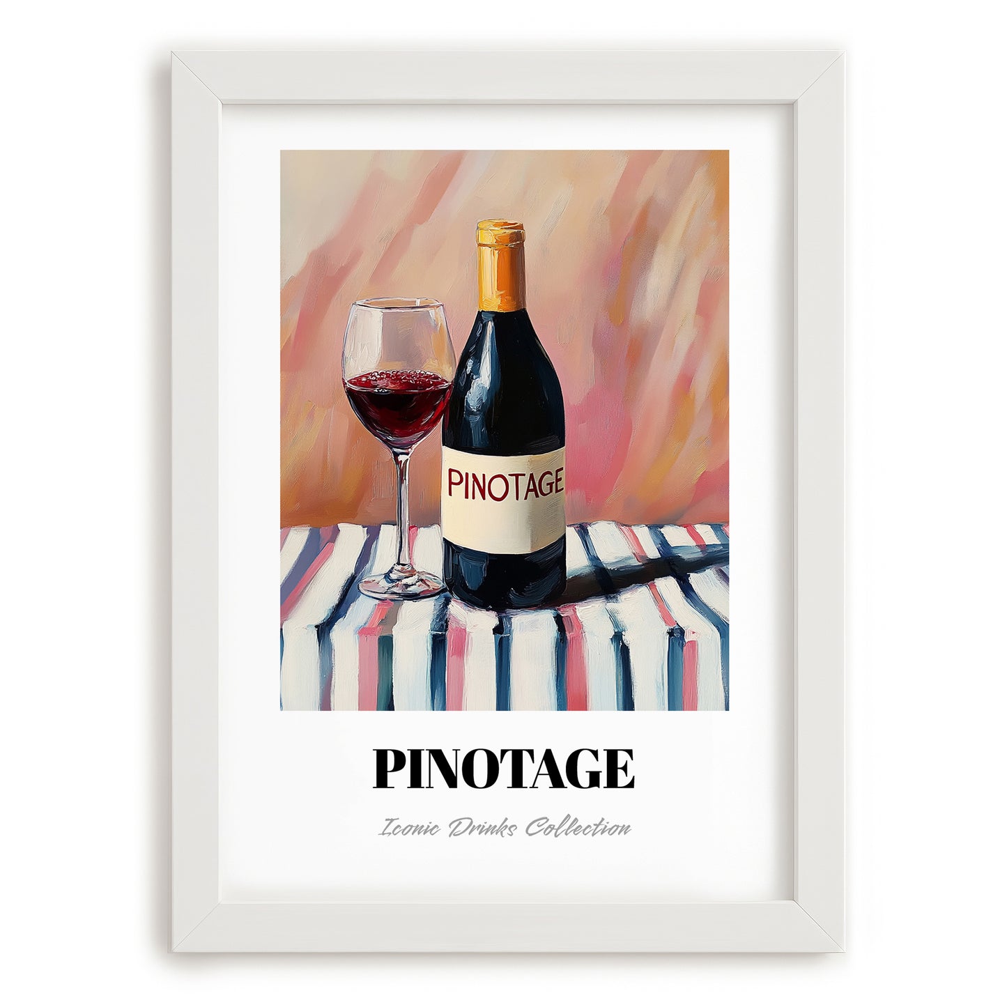 Pinotage – on Striped Tablecloth, South African Wine Illustration, placed in minimal white frame