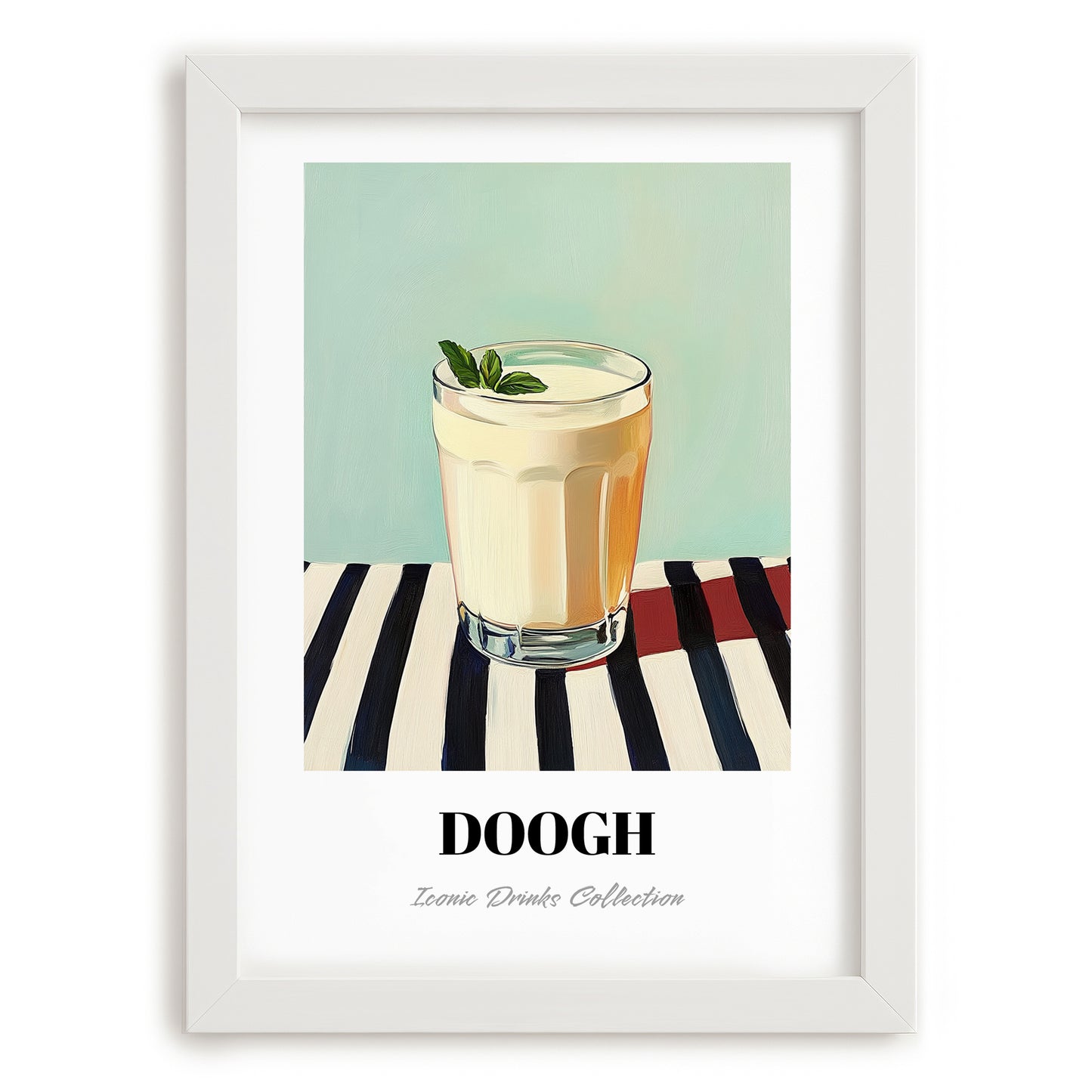 Doogh – on Striped Tablecloth, Iranian Beverage Wall Decor, placed in minimal white frame