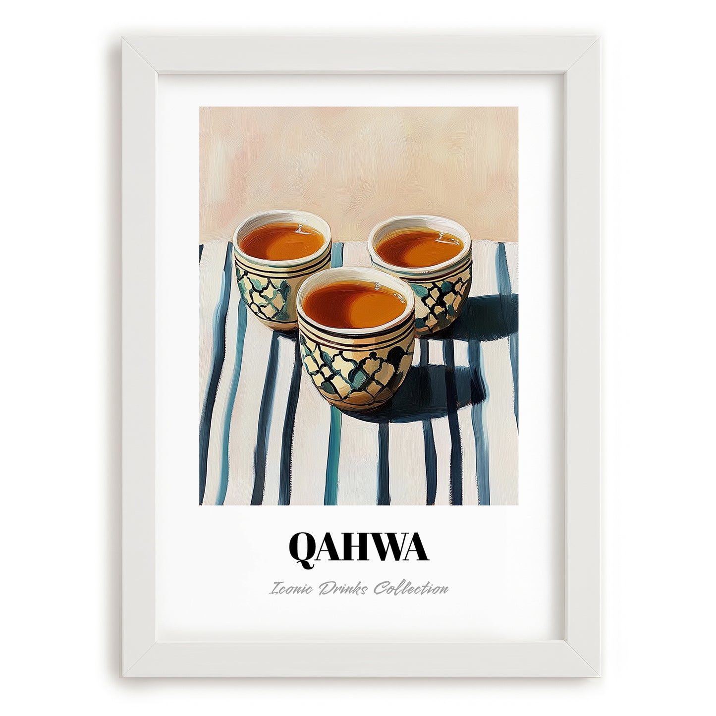 Qahwa – on Striped Tablecloth, Saudi Beverage Wall Decor, placed in minimal white frame