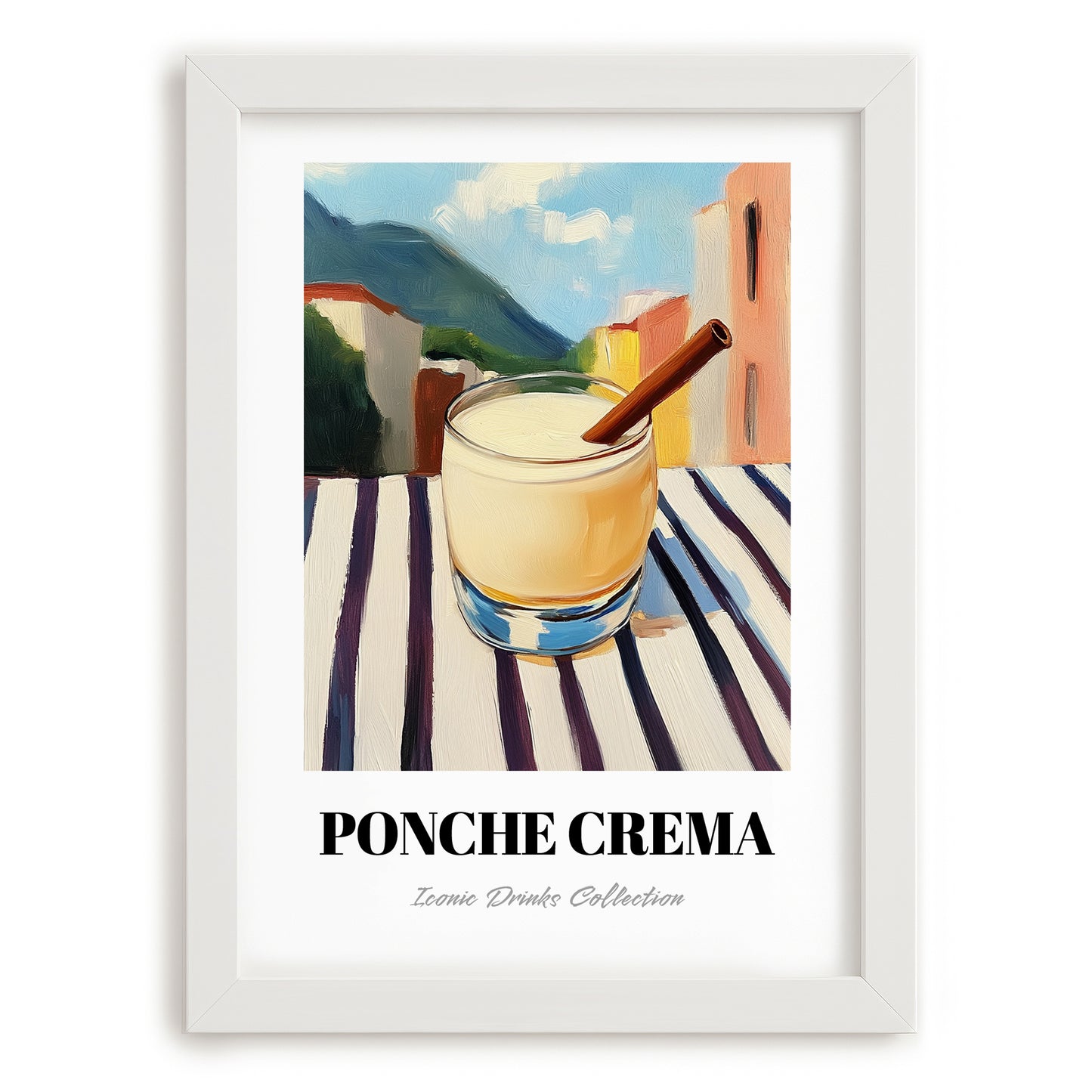 Ponche Crema – Venezuelan Outdoor Café Scene, Venezuelan Spirit Still Life, placed in minimal white frame