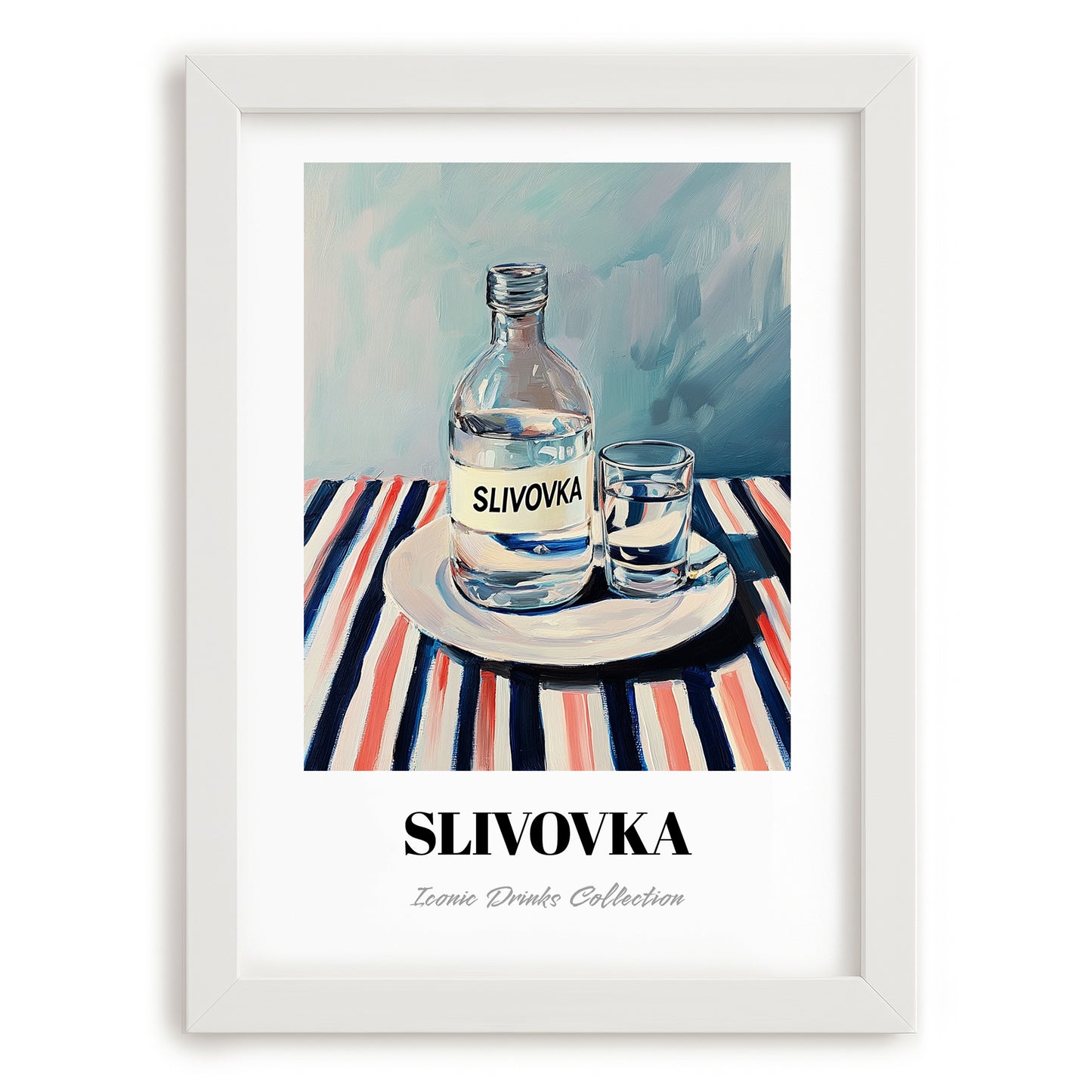 Slivovka – on Striped Tablecloth, Slovenian Beverage Poster, placed in minimal white frame