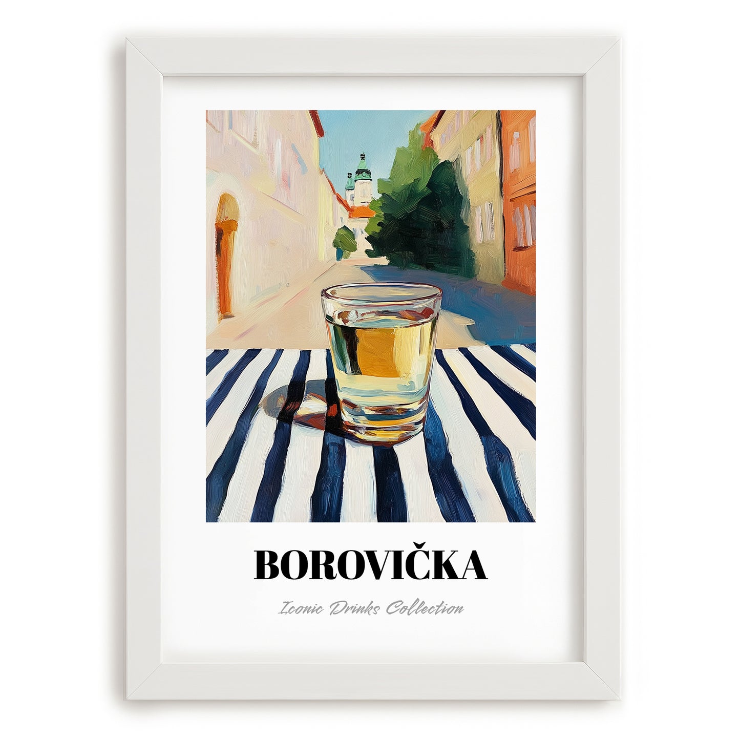 Borovička – Slovak Urban Café Scene, Slovak Spirit Illustration, placed in minimal white frame