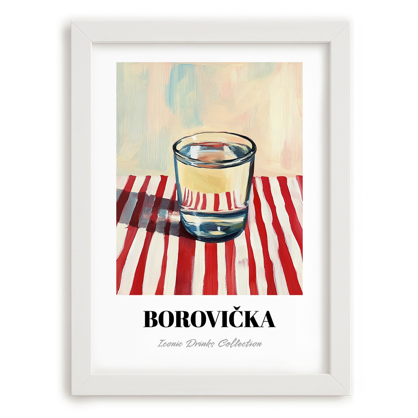 Borovička – on Striped Tablecloth, Slovak Beverage Poster, placed in minimal white frame