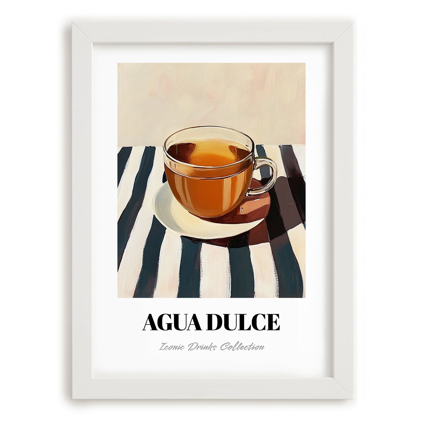 Agua Dulce – on Striped Tablecloth, Costa Rican Beverage Illustration, placed in minimal white frame