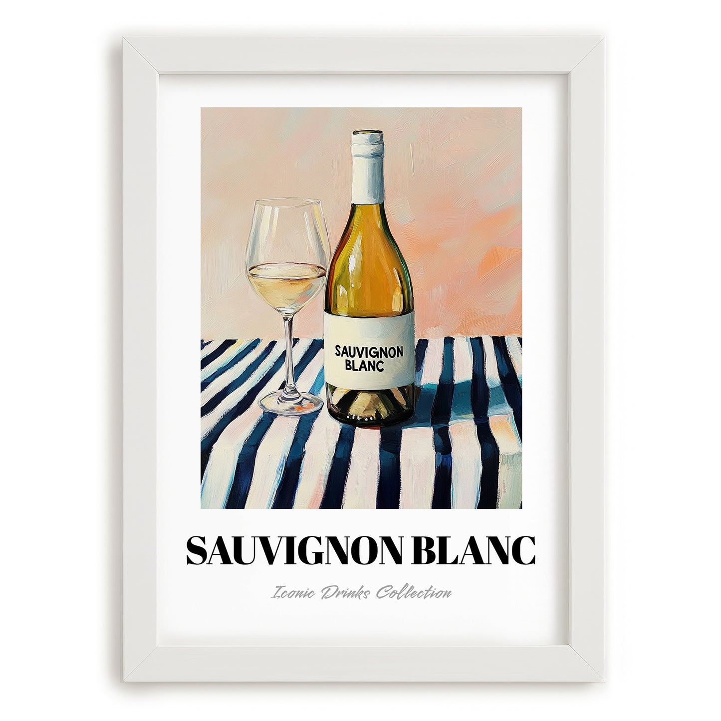 Sauvignon Blanc – on Striped Tablecloth, New Zealander Lemonade Illustration, placed in minimal white frame