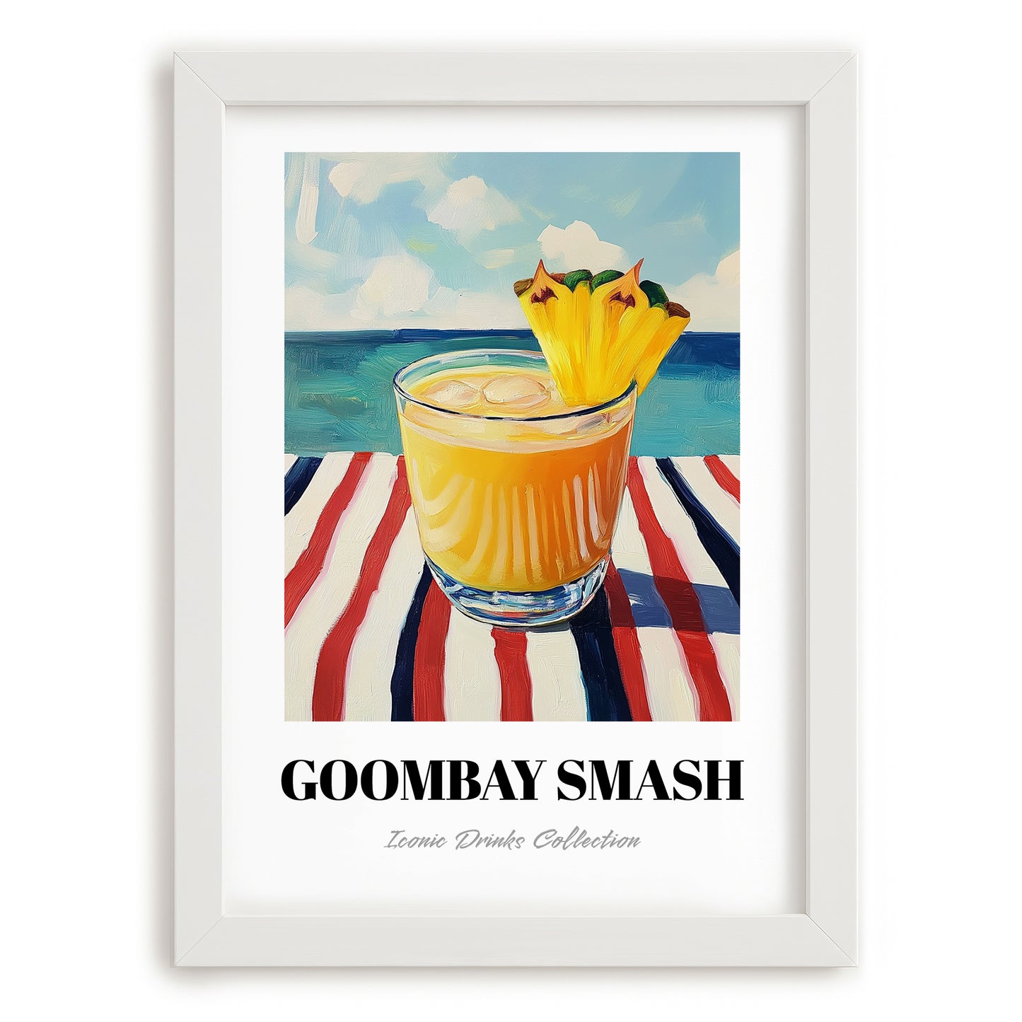 Goombay Smash – Bahamian Coastal Café Moment, Bahamian Cocktail Print, placed in minimal white frame