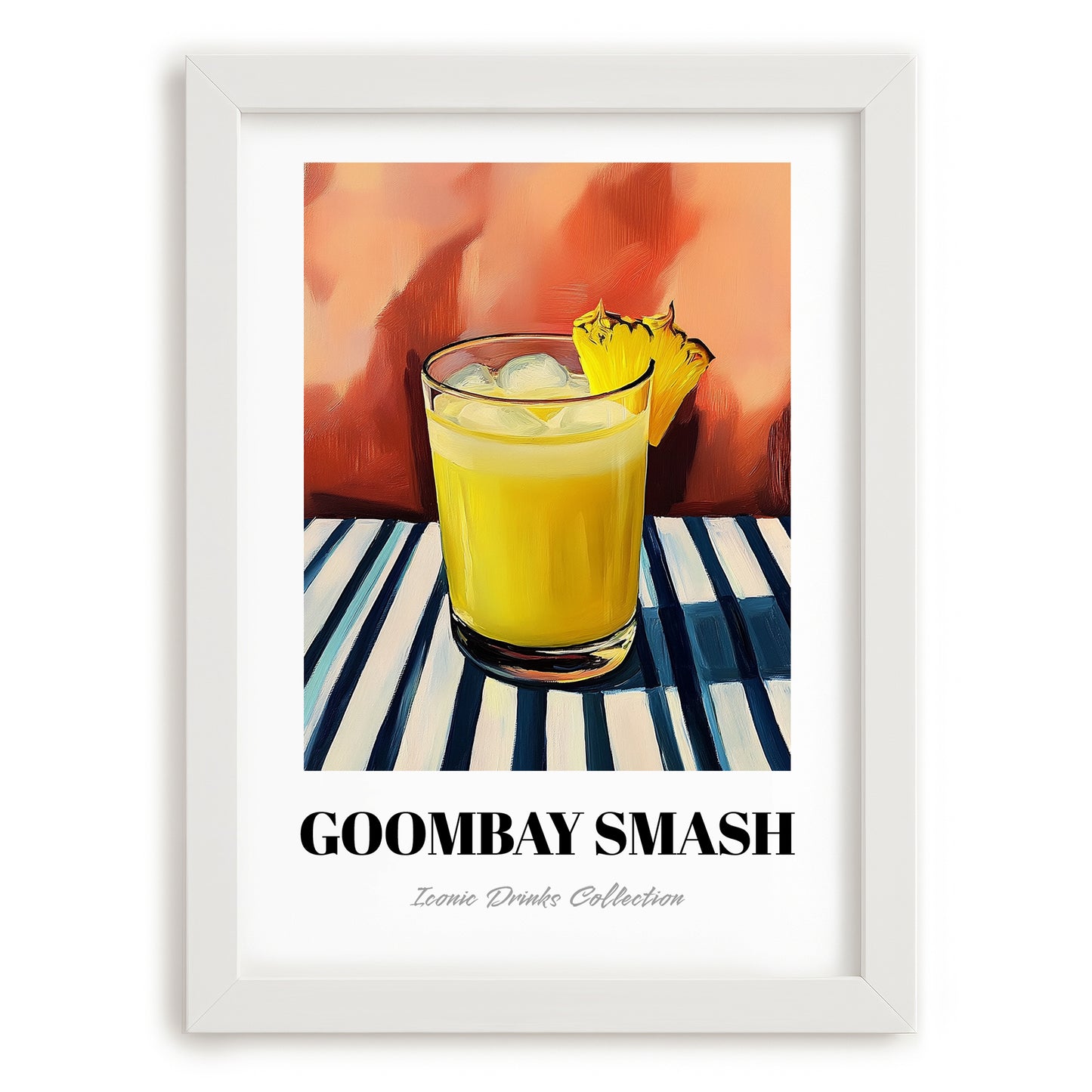 Goombay Smash – on Striped Tablecloth, Bahamian Cocktail Wall Illustration, placed in minimal white frame